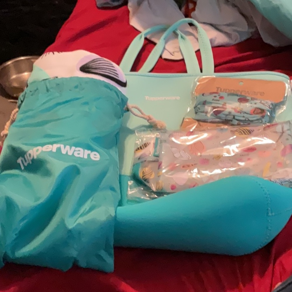 Tupperware Aqua Blue Tote and Accessories Set